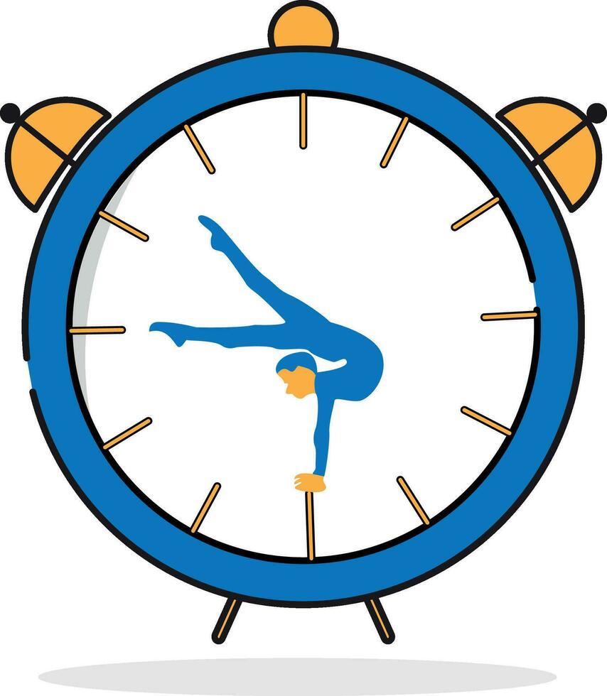 un niña gimnasta saldos en un mano estar en el cara de un reloj ilustración vector