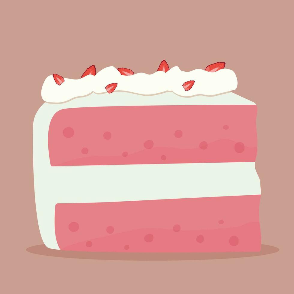 Piece of cake with strawberries. Pink cake with strawberries vector illustration