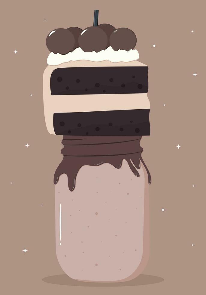 Chocolate cake and dessert in a jar. Chocolate koitel with a tube and a piece of cake. Vector illustration. Dessert with chocolate balls