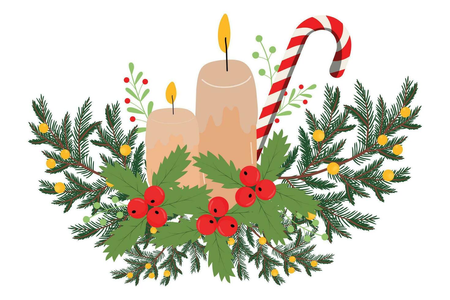 Christmas decoration with candles and candy, pine leaf,  mistletoe. vector