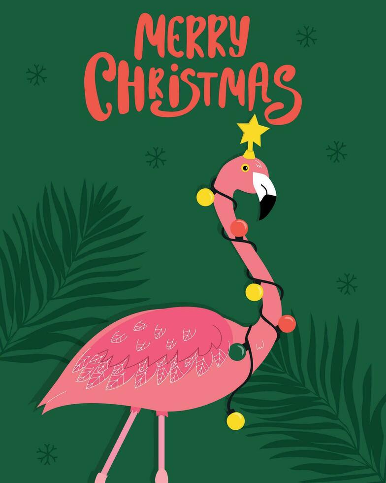 Merry Christmas vertical card with flamingo vector