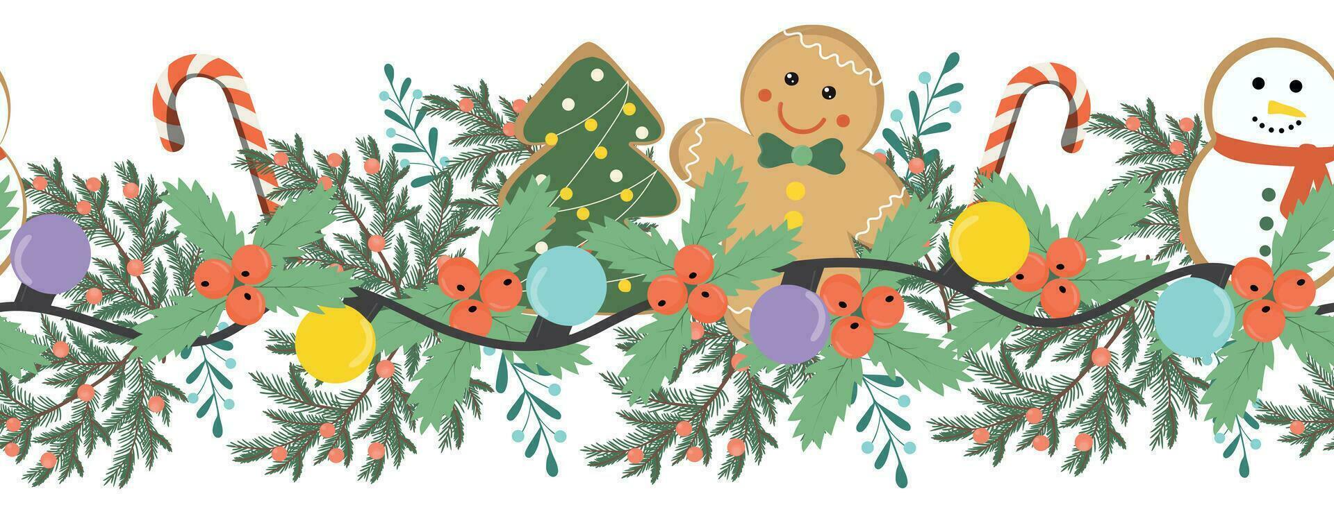 Fir wreath garland with candy gingerbread decoration ornament vector