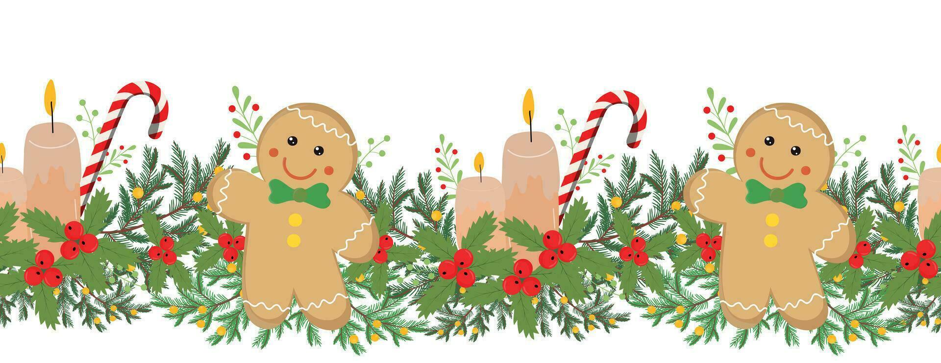 Christmas border with candles, gingerbread decoration ornament vector