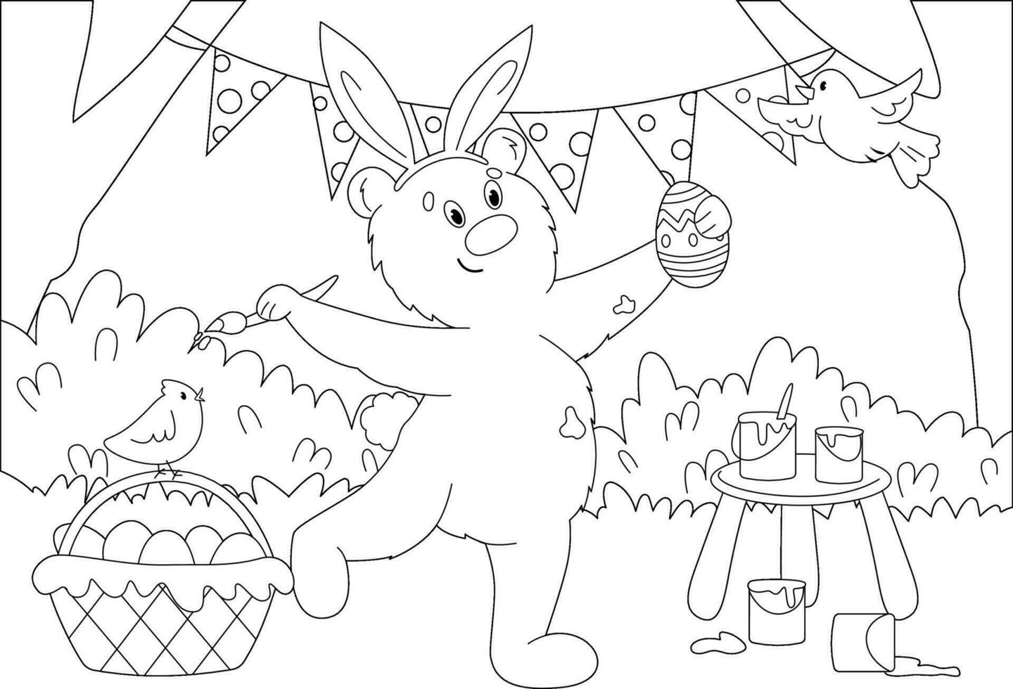 Coloring page with Easter bear painting eggs vector