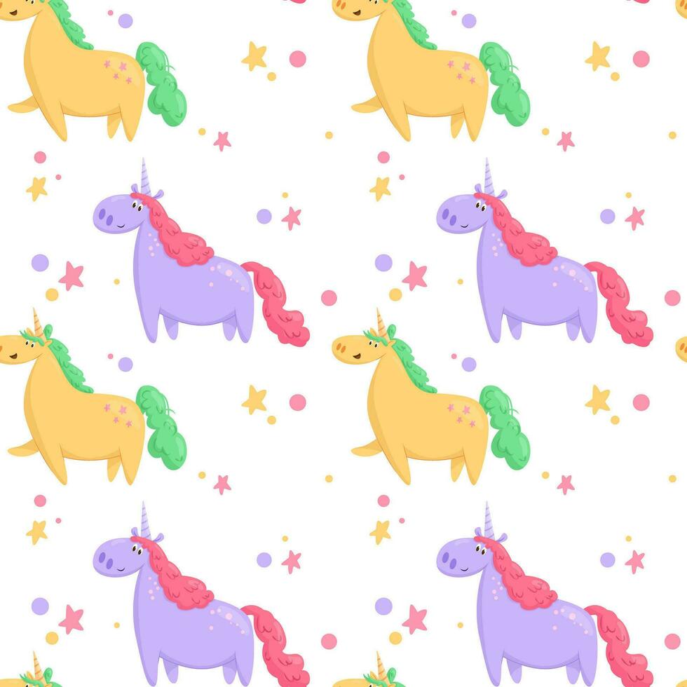 Vector pattern with yellow and purple unicorn and stars