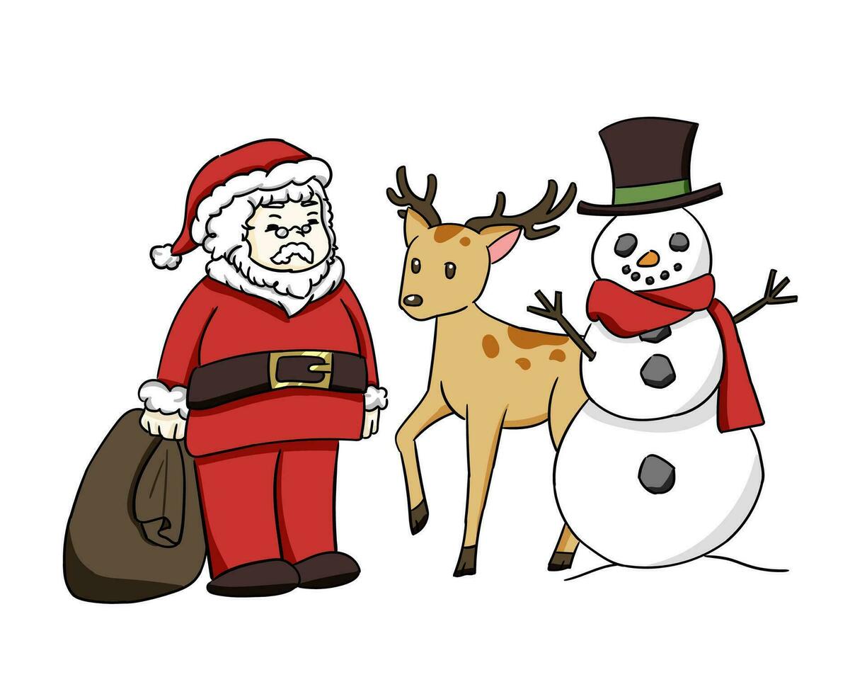 linda ilustraciones de Navidad, Papa Noel, reno y monigote de nieve vector