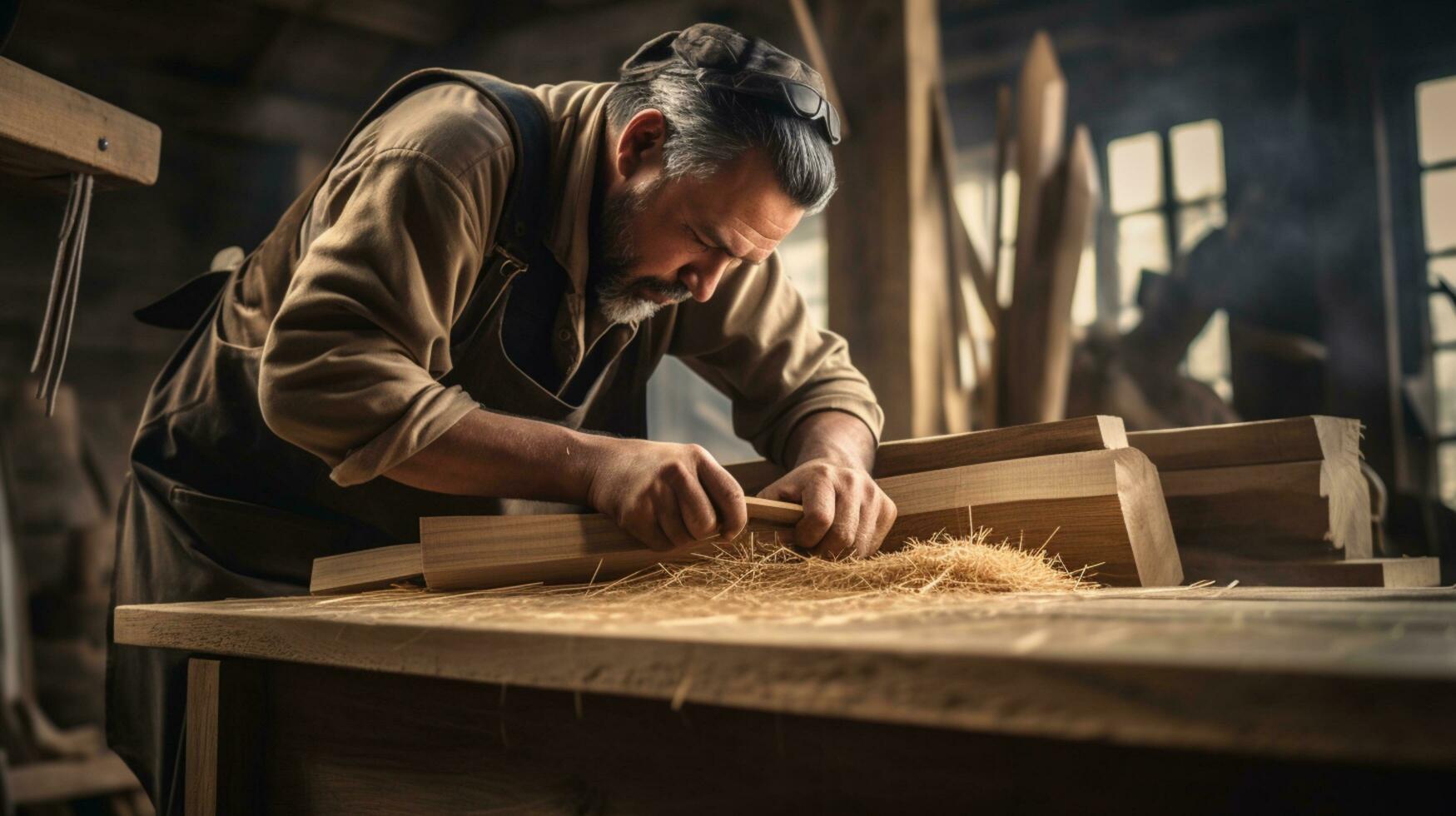 Carpenter working with plane on wooden.AI Generative. photo