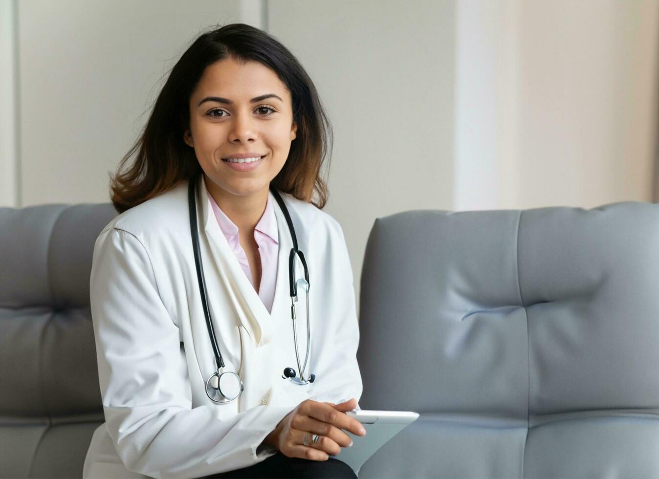 Doctor woman wearing white coat stethoscope on shoulders looking at camera, doctor make video call internet talk with patient provide help online counseling and therapy concept.AI Generative. photo