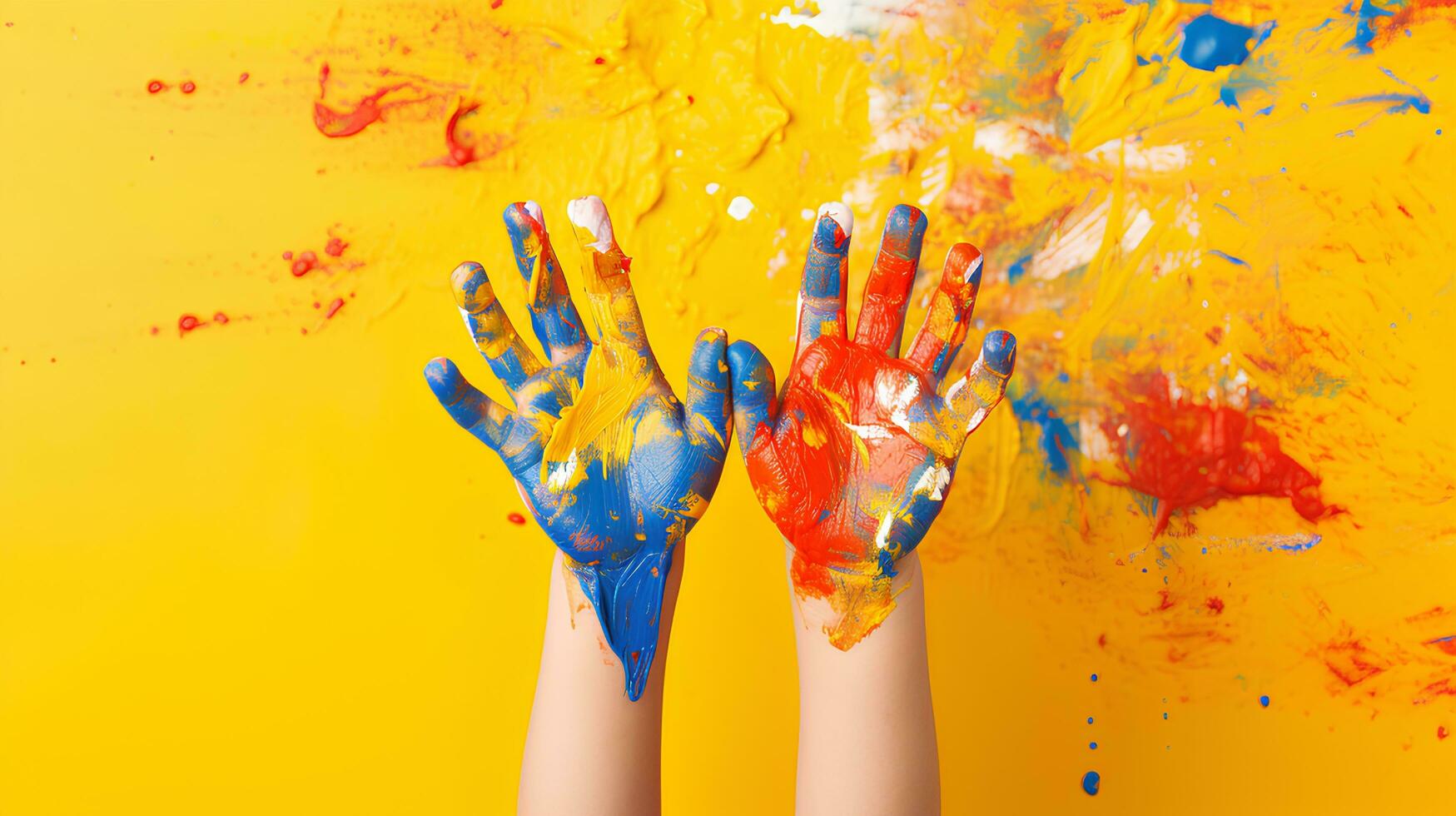 AI Generative.Children's hands coloring art. Many mixed colors. on Yellow Background.Create AI Generated. photo