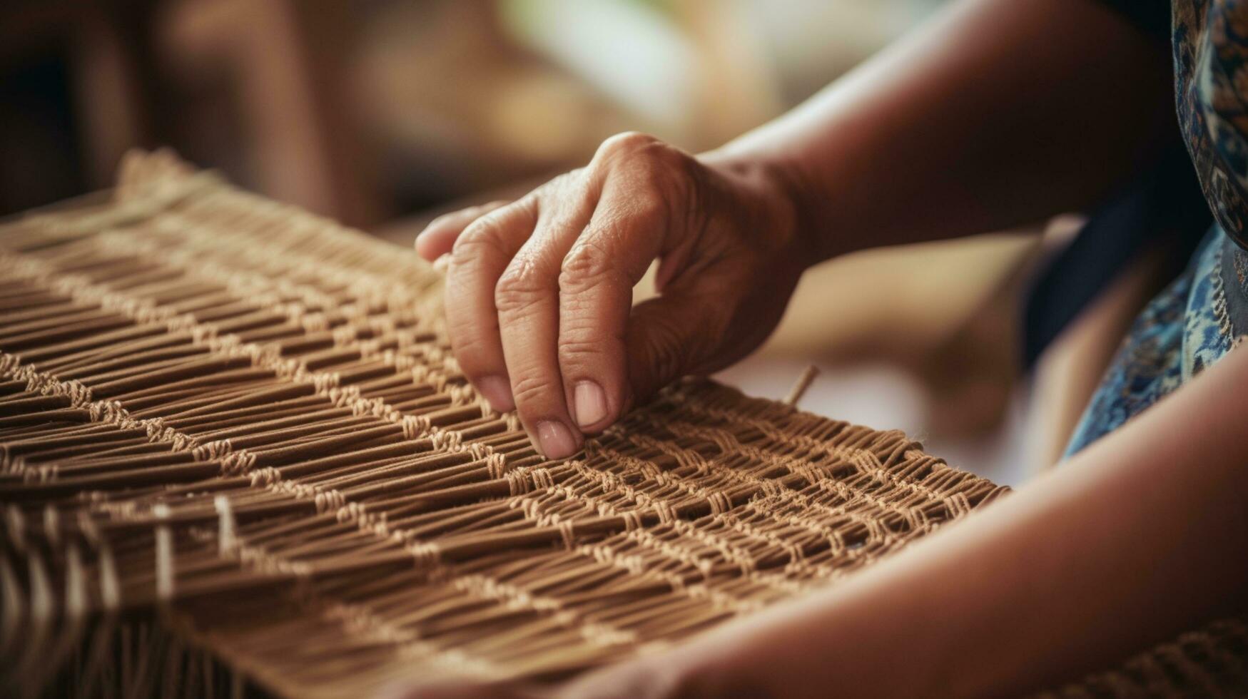 Elderly people's hands weaving white silk cloth On the Heritage Craft loom.AI Generative. photo