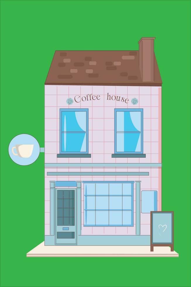 City street buildings overlook isolated local retail businesses. vector coffee house