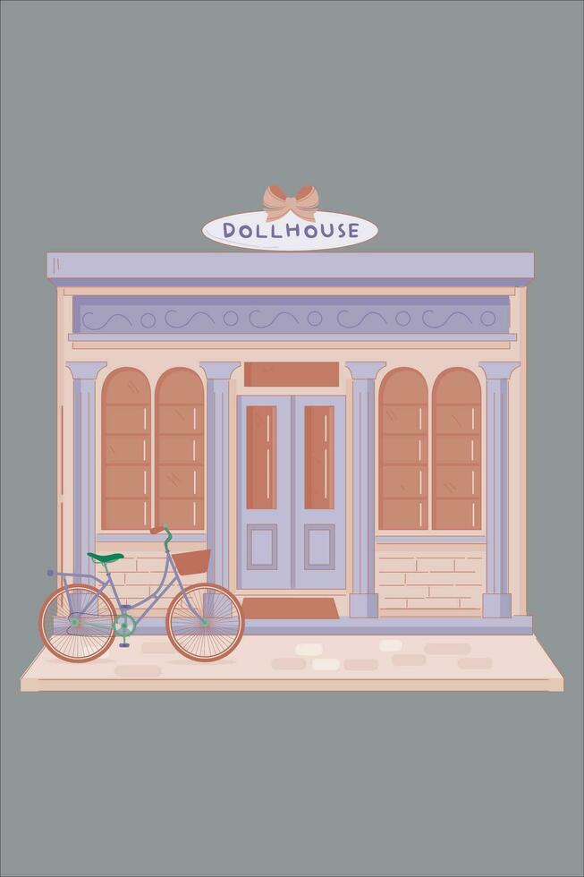 Cute dollhouse with pink furniture. doors windows and bicycles. purple and pink colors vector