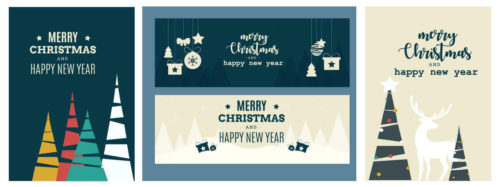 Christmas banner. Christmas background design of gift boxes. decorative green trees pine, stars, deer, lanterns. Christmas banner collection vector
