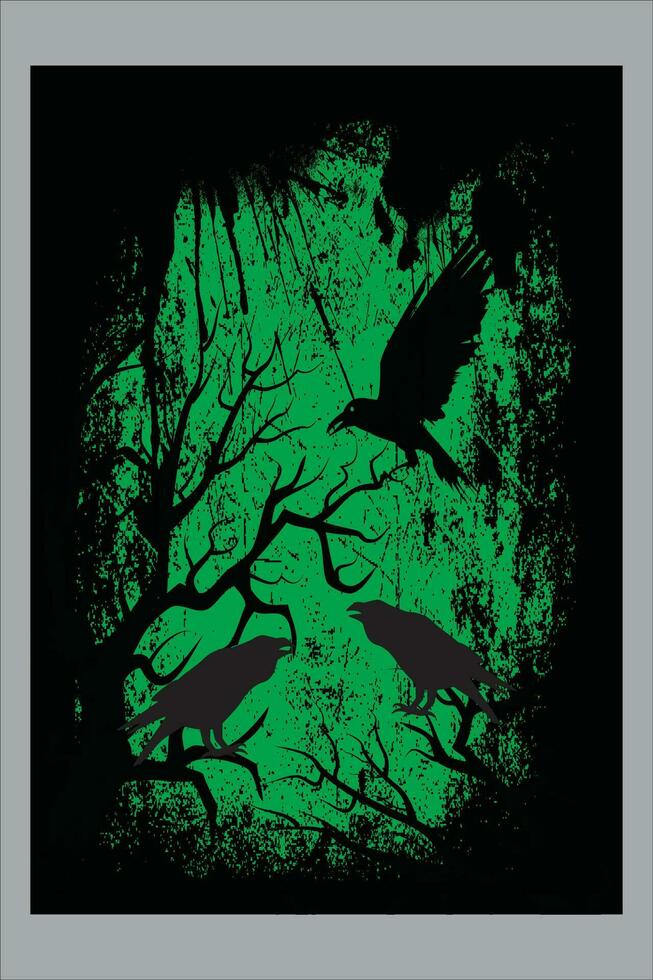 PrinVector illustration of silhouettes of various crows in grunge style. in a green background vector