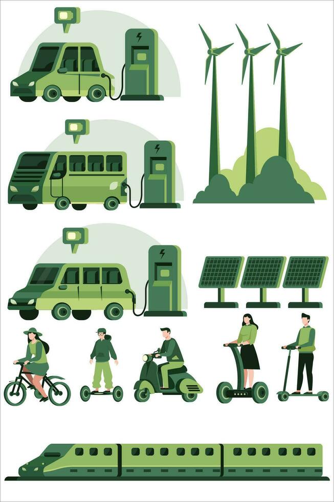 Environmentally friendly transportation. Electric car at charging station. bicycles, scooters, trains. Vector vehicle