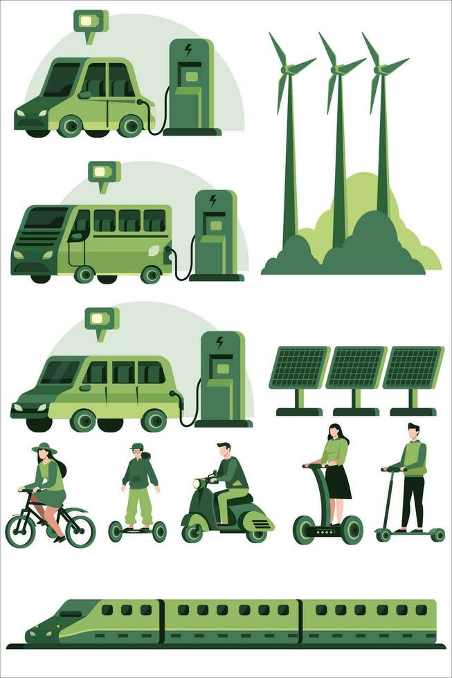 ambientalmente simpático transporte. eléctrico coche a cargando estación. bicicletas, scooters, trenes vector vehículo