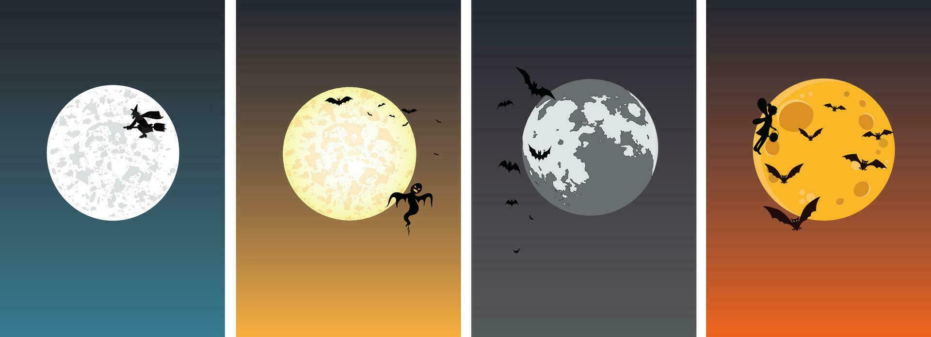 collection of realistic full moon isolated at night. Yellow and grey, blue and dark satellite ball icon. with craters, bats, witches, fairies, ghosts. Astronomy and halloween theme vector