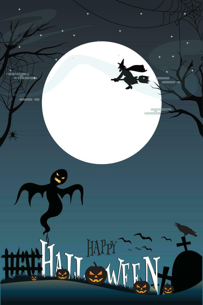 Halloween night, pumpkin, dark atmosphere, witch, ghost, broomstick, full moon vector illustration. scary night