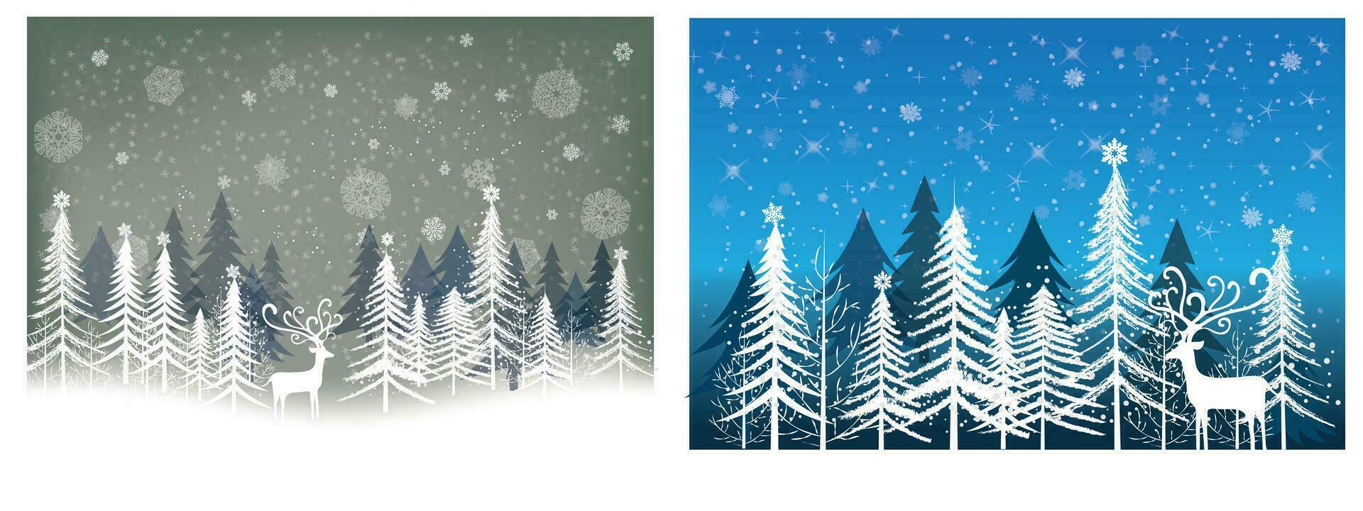 Winter sale product banner, pine forest landscape, snow with white deer, paper illustration vector