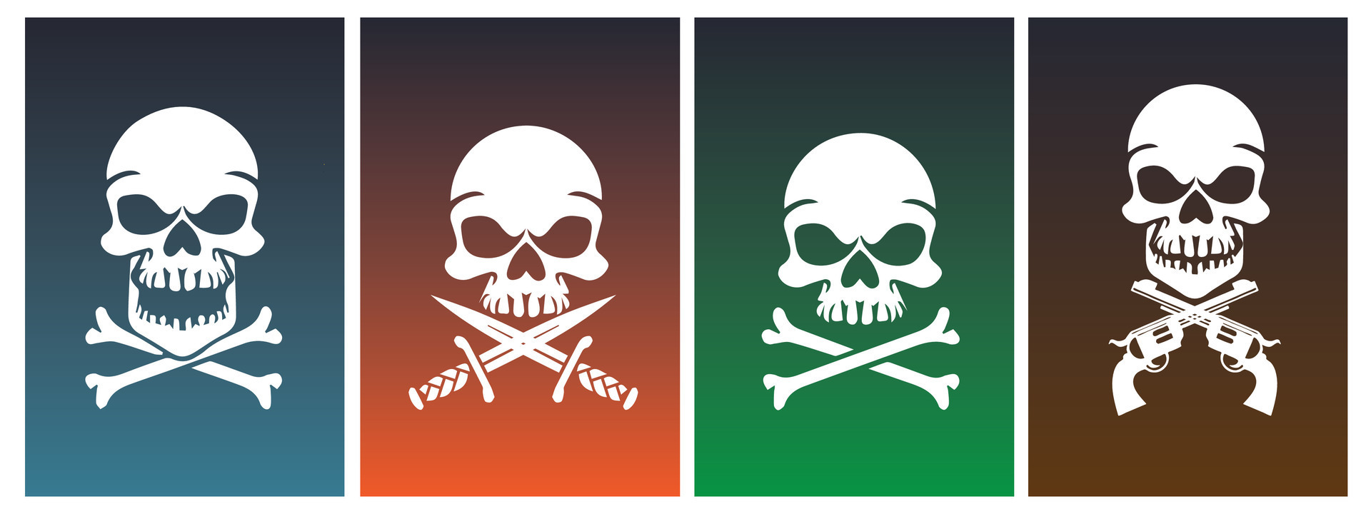 Collection of isolated human Skulls. skull, bones, gun and knife