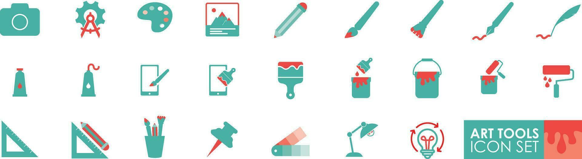 Art tools Icon Set Isolated Silhouette Solid Icons With Art, Photo, Paint, Brush, paint bucket, idea. Simple Vector Illustration