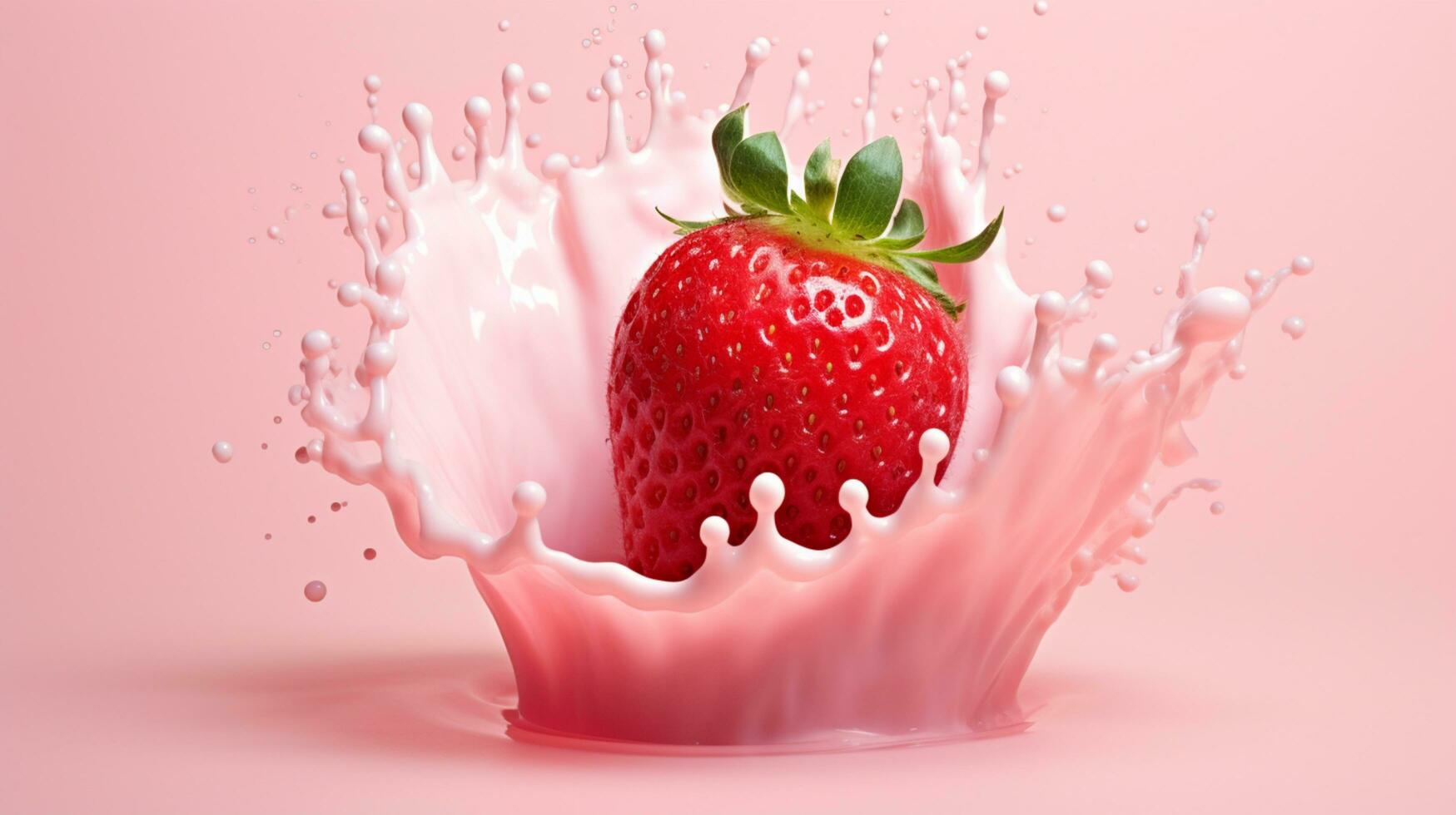 Fresh strawberries splashed in milk spread on a pink background.AI Generative. photo
