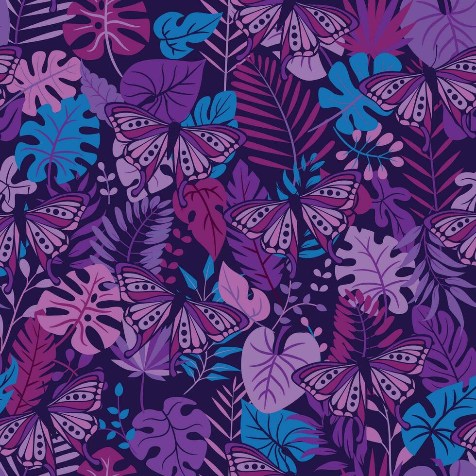 Vector pattern with tropical leaves and butterflies