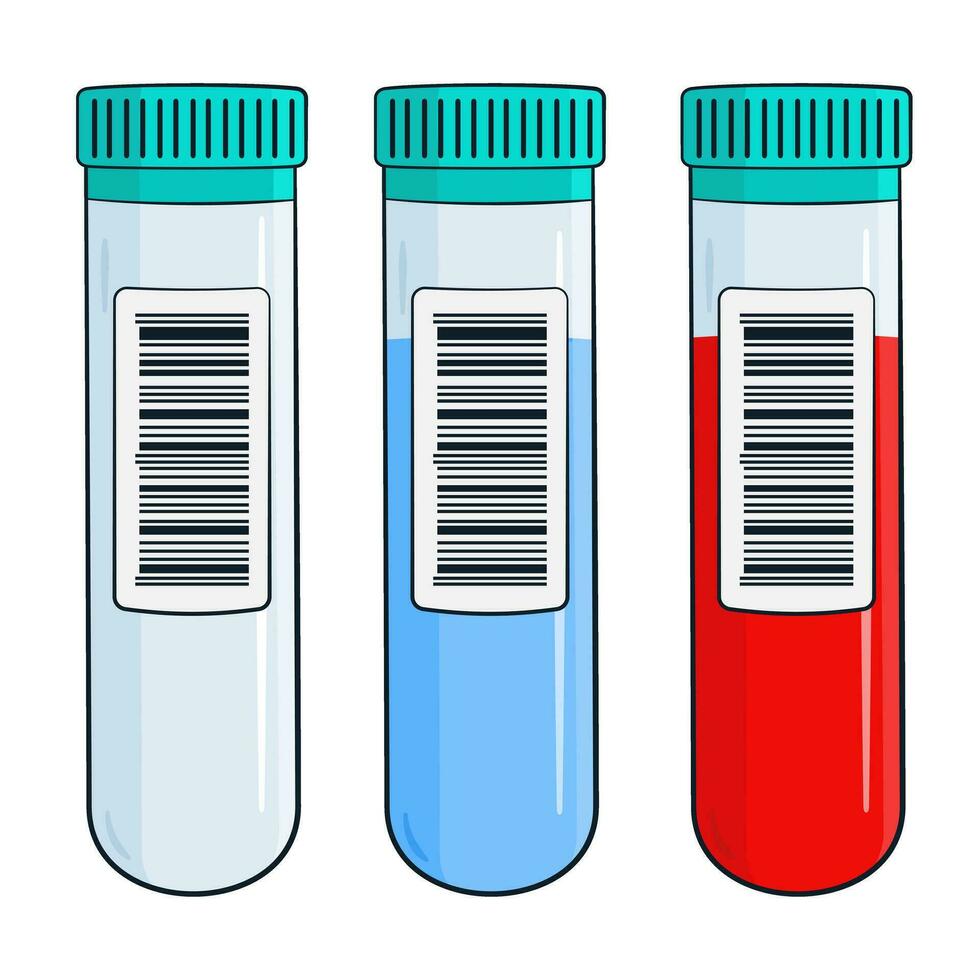 Set of test tubes with barcode. Empty, with fluid and blood. vector