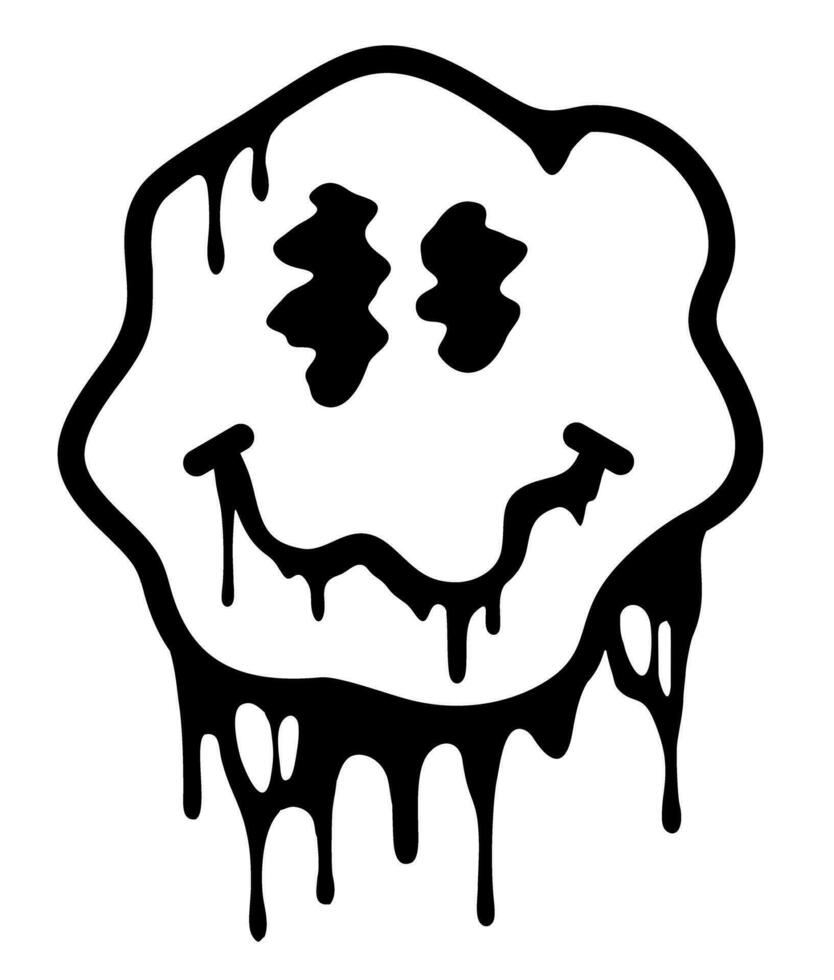 Melting smile. Graffiti style. Distorted melting smile face. Grunge vector illustration. Funny psychedelic surreal techno acid LSD melt smile face logo. Dripping smile. Good mood. Dripping smiley.