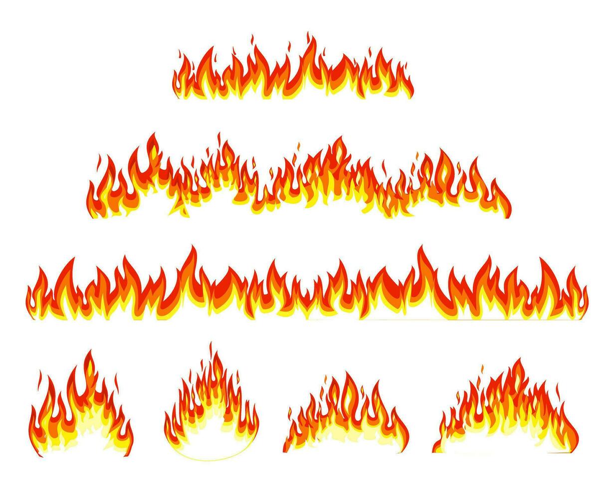 dibujos animados fuego. poder ardiente siluetas aislado vector ilustración colocar. hoguera y ardiente fronteras decorativo elementos. aislado brillante rojo y naranja resplandor, advertencia señales de inflamable objetos.