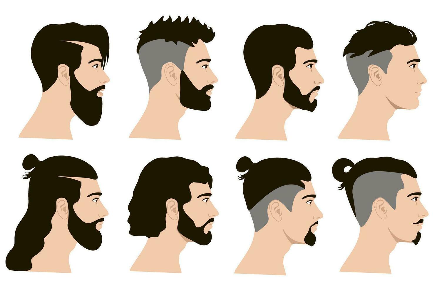 Portraits of hipster man set. Men hair style. Side bearded face. Barber shop. Design elements male heads in cartoon style on a white background. vector