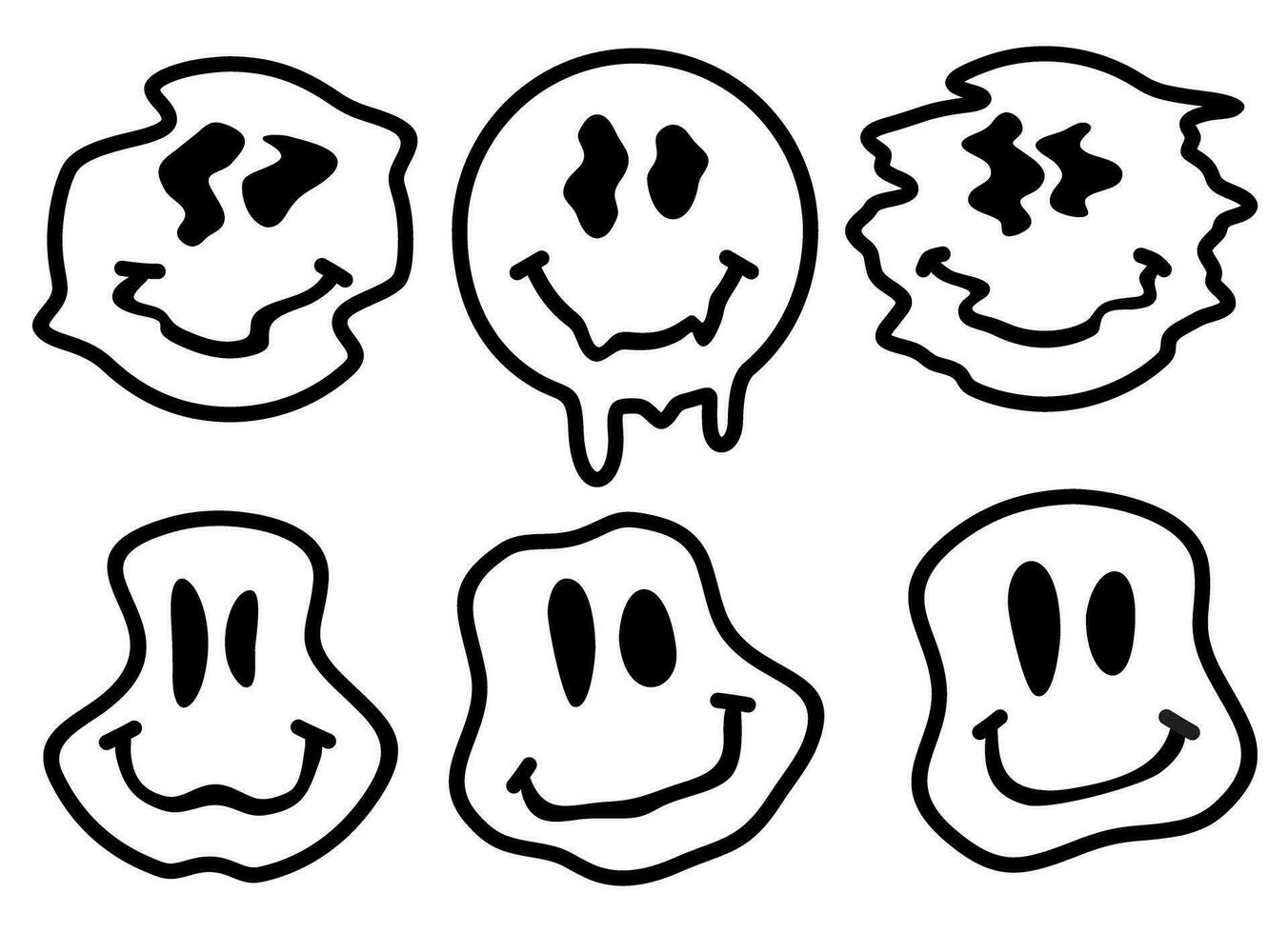 Melting or dripping smiles set. Distorted melting smile face. Psychedelic quirky cartoon face. Graffiti smiley. Vector illustration.