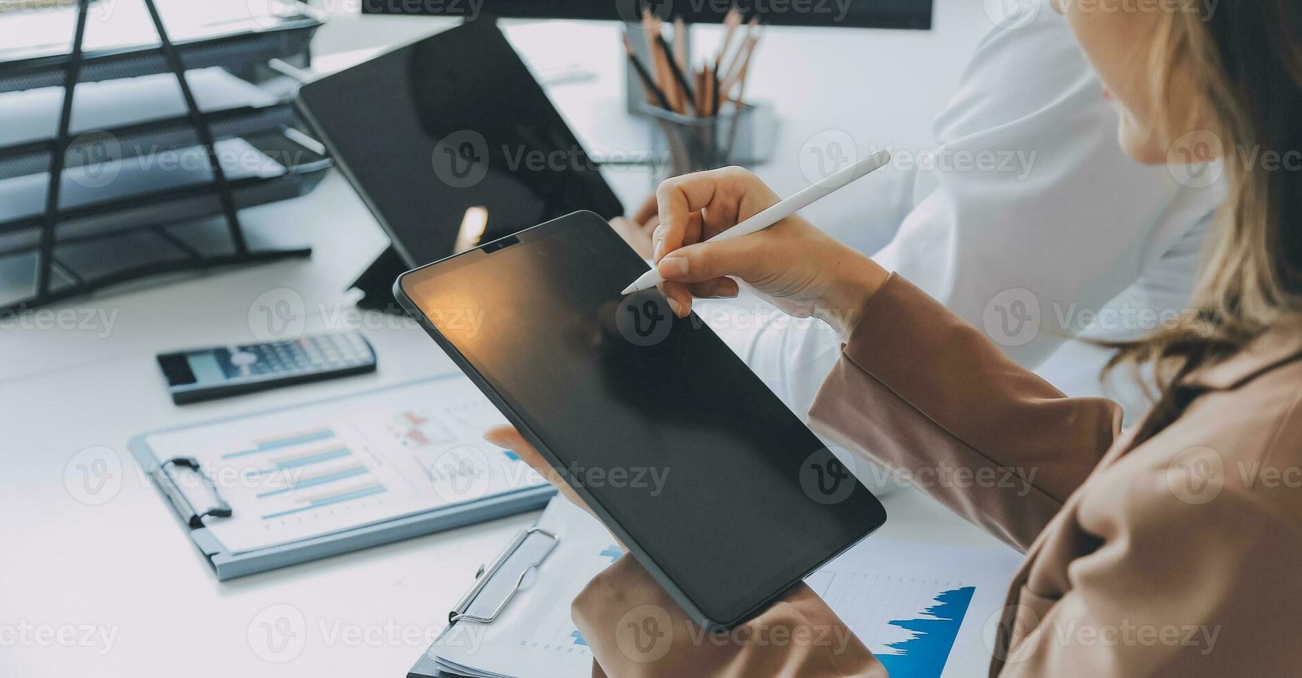Team of business people working together in the meeting room office, teamwork background charts and graphs banner, double exposure successful teamwork,business planning concept. photo