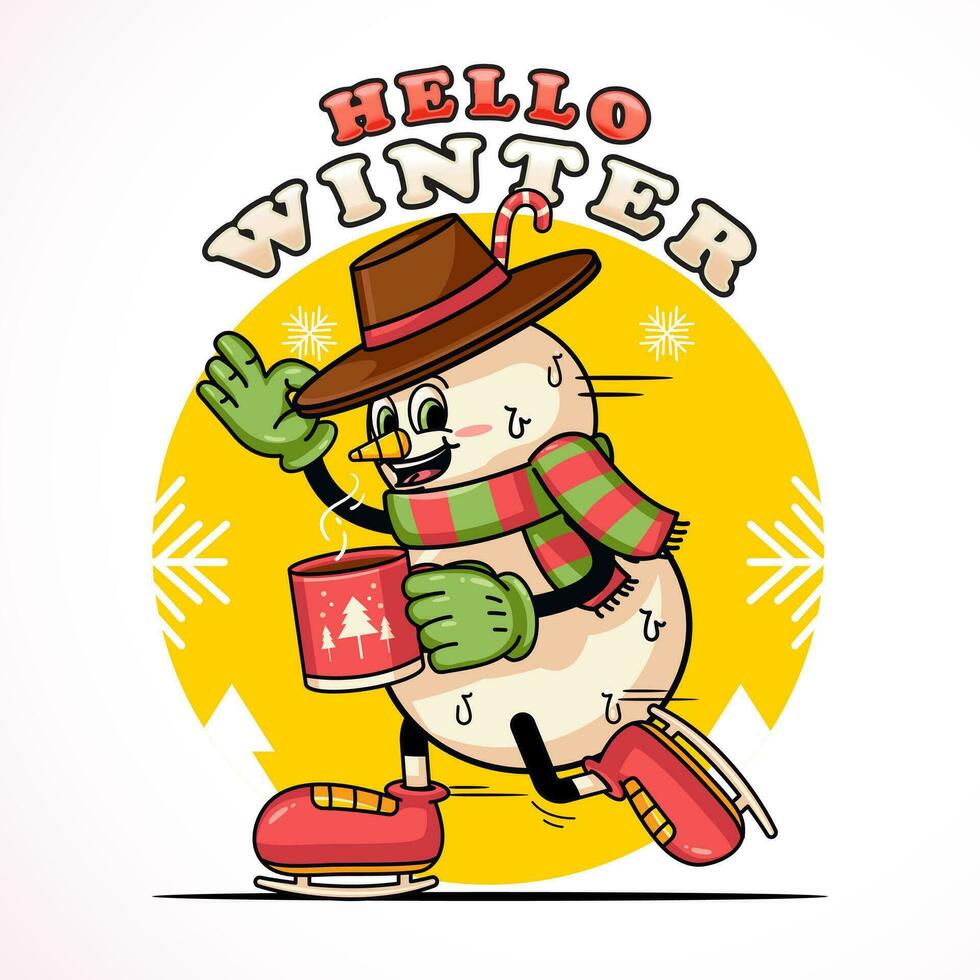 Snowman ice skating, cute mascot character for Christmas and winter. Suitable for logos, mascots, t-shirts, stickers and posters vector