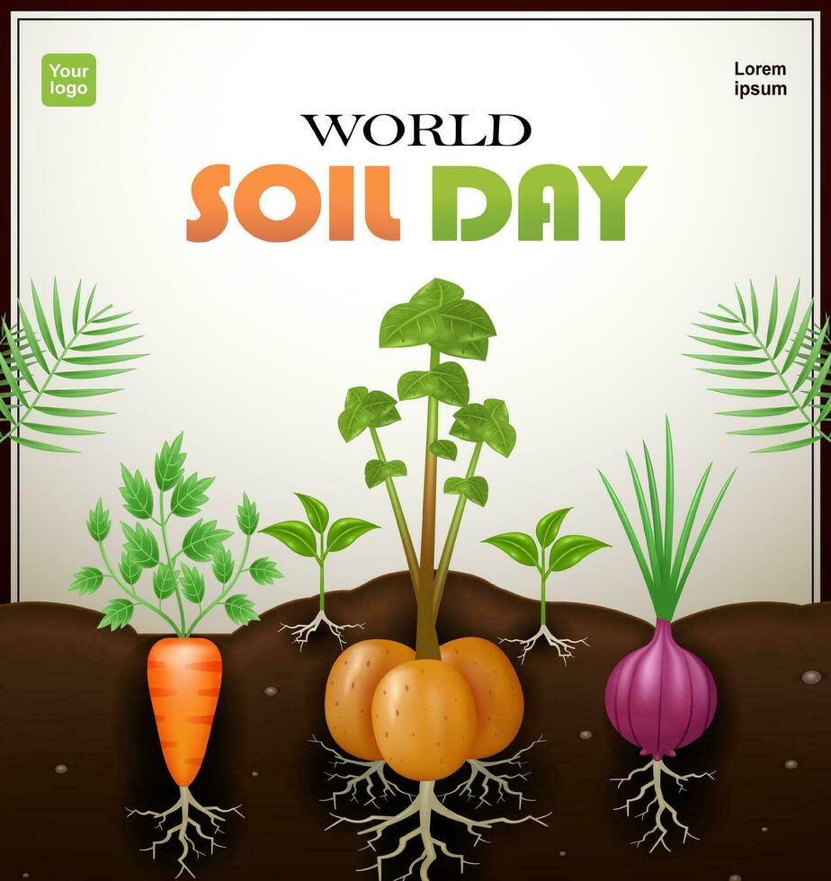 mundo suelo día. cebollas, zanahorias y patatas plantado en suelo, el importancia de sano suelo. 3d vector adecuado para tierra día, verde mundo, eventos, agricultura, negocio y educación