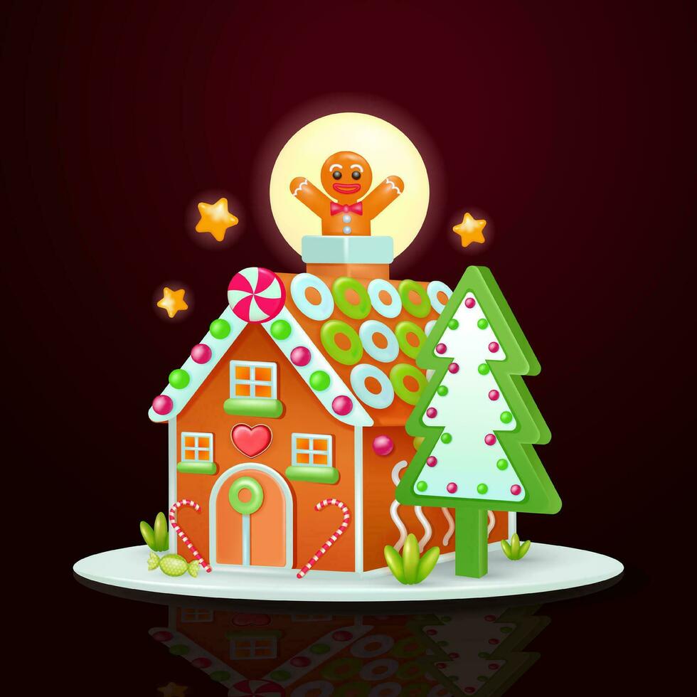 Gingerbread house with cookie tree and gingerbread man, 3d vector. Perfect for Christmas, holiday and party cookies vector