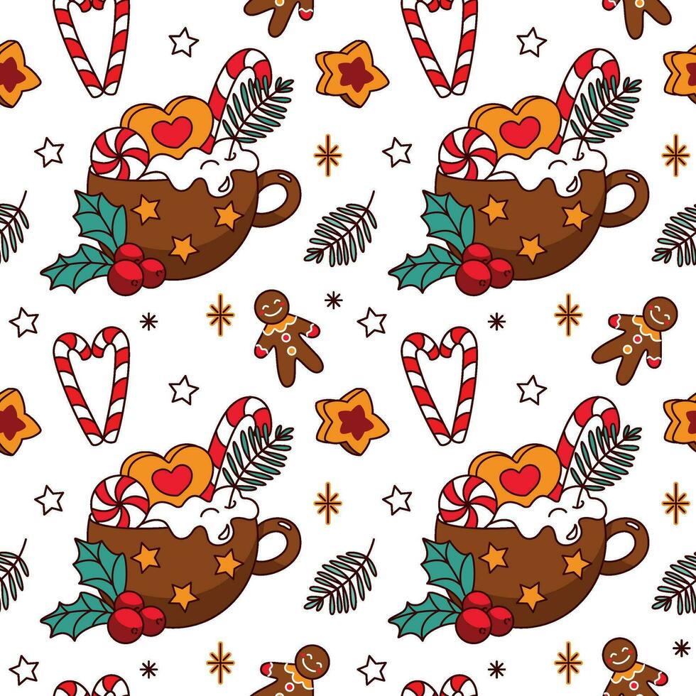 Christmas cocoa with marshmallow and candy cane. Seamless pattern. Vector. vector