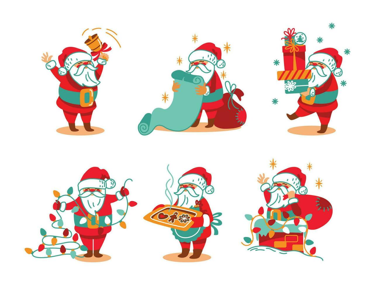 Papa Noel claus es preparando para Navidad. conjunto de pegatinas vector