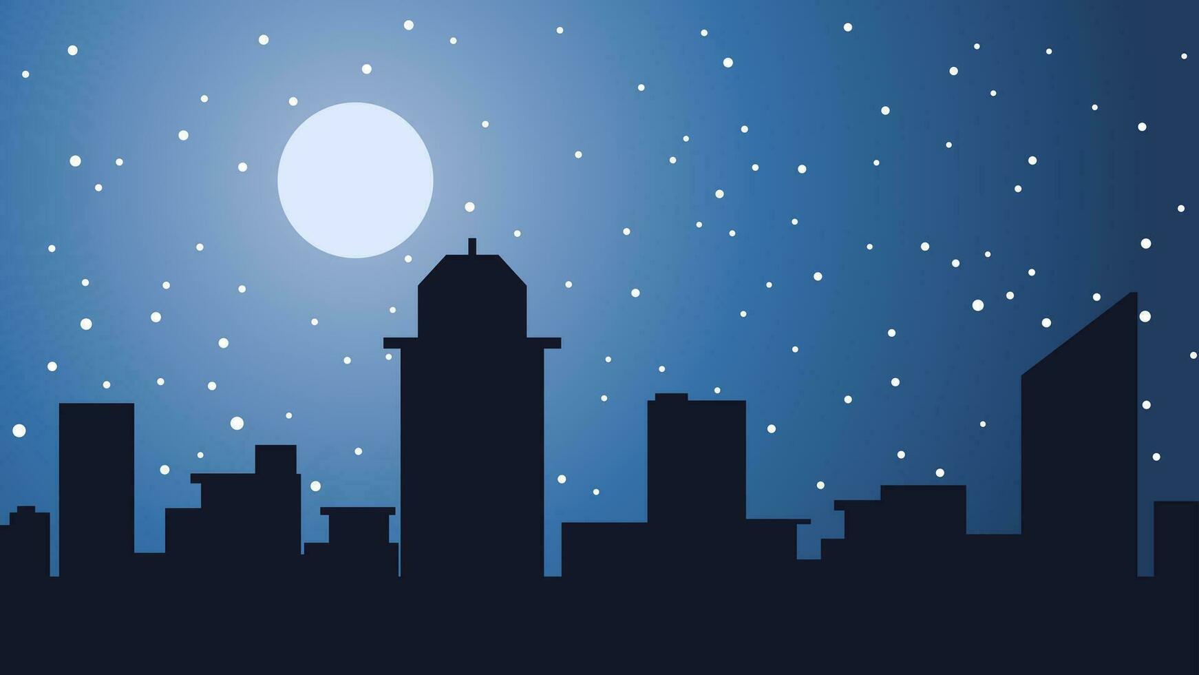 Winter season city landscape vector illustration. Urban silhouette of skyline building at night in cold season. Winter cityscape landscape for background, wallpaper or landing page