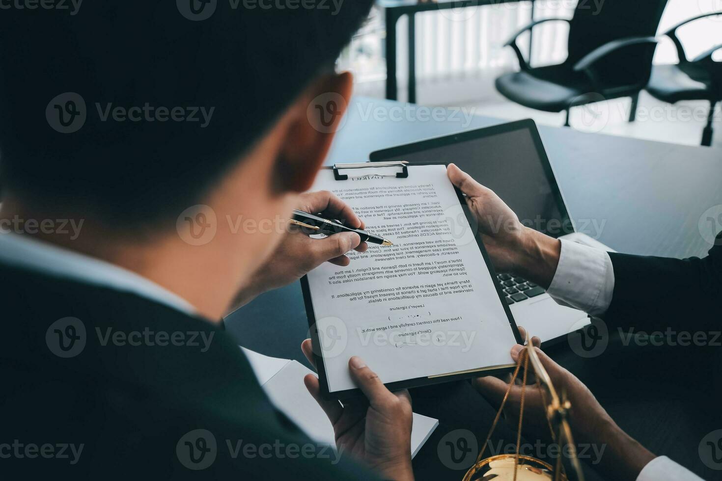 Consultation and conference of Male lawyers and professional businesswoman working and discussion having at law firm in office. Concepts of law, Judge gavel with scales of justice. photo