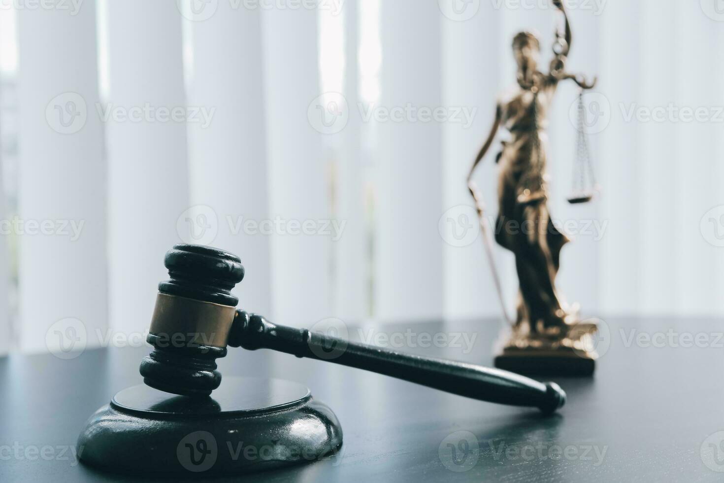 Consultation and conference of Male lawyers and professional businesswoman working and discussion having at law firm in office. Concepts of law, Judge gavel with scales of justice. photo