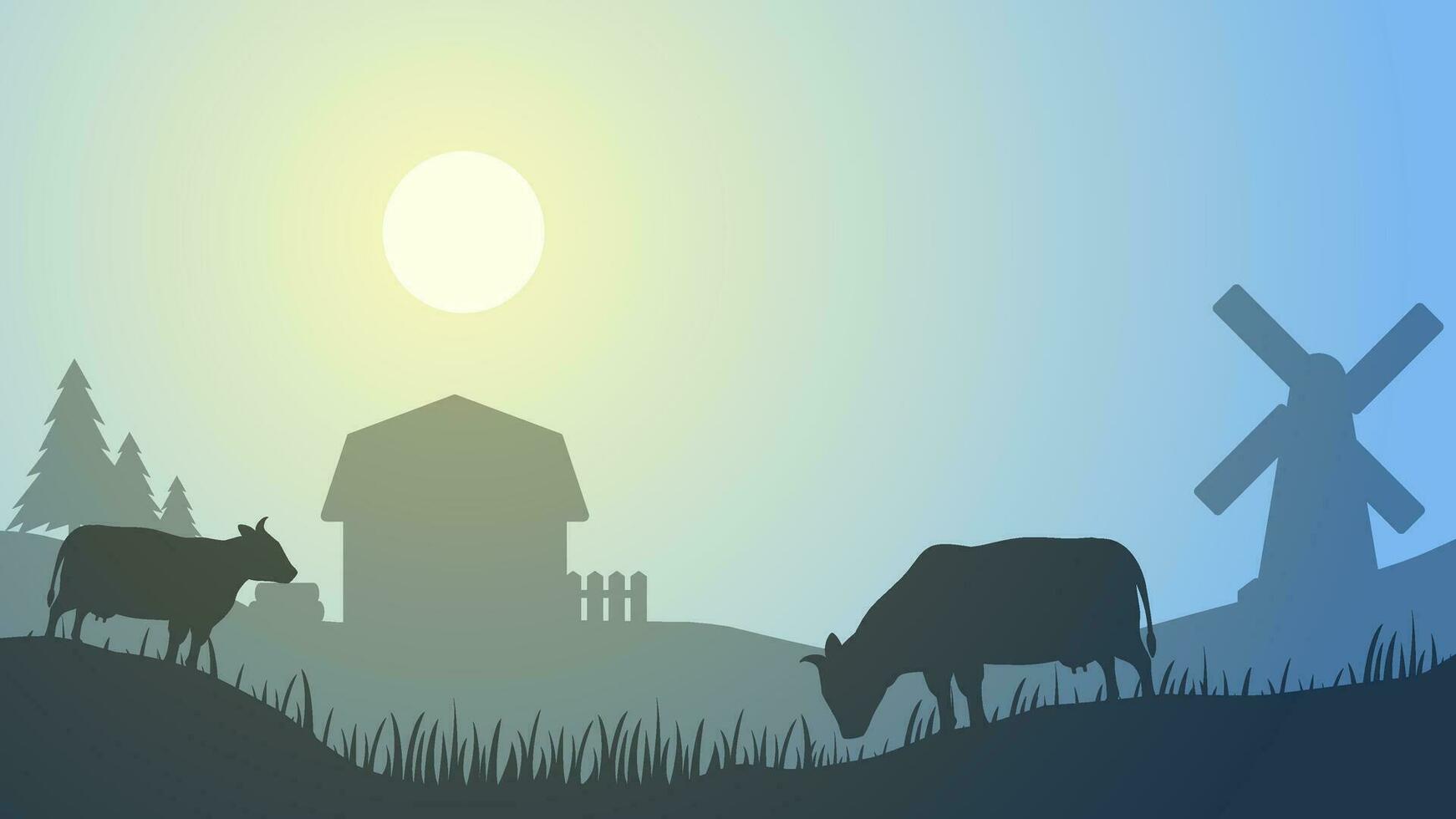 Countryside landscape vector illustration. Farm silhouette landscape with livestock, farmhouse and cow. Rural scenery silhouette for background, wallpaper or landing page