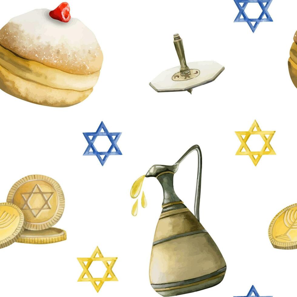 Hanukkah symbols watercolor vector seamless pattern with hand drawn holiday donuts, dreidel, jug of olive oil, stars of David