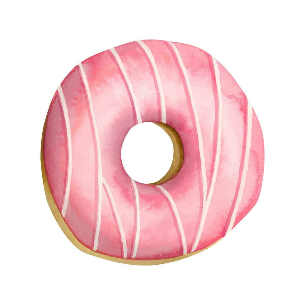 Pink glazed donut watercolor vector illustration. Delicious round doughnut with topping clipart