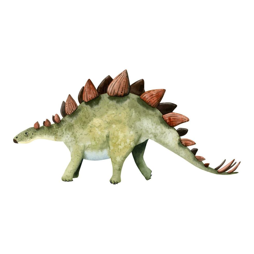 Watercolor vector herbivore dinosaur stegosaurus in red and green colors. Hand drawn illustration of Jurassic period