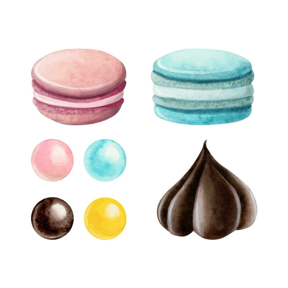 French macaroons, sugar coated round candies and chocolate sweet watercolor vector illustration set. Hand drawn desserts
