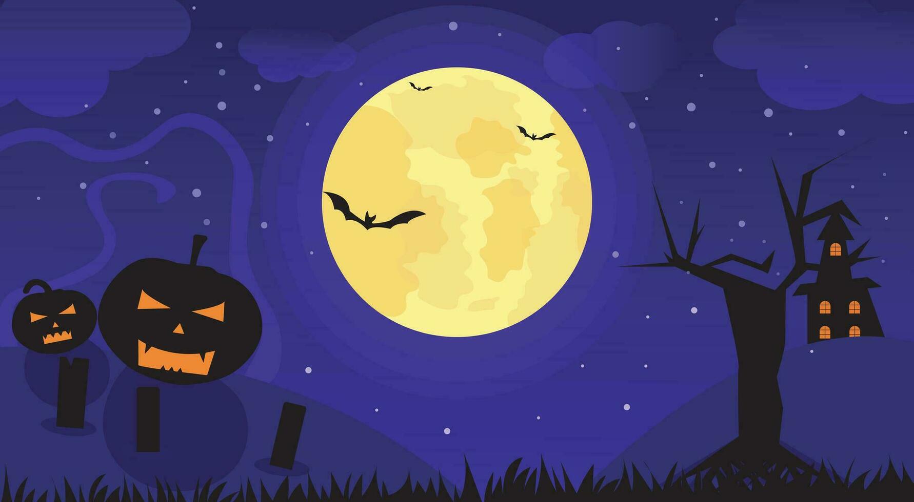 púrpura hallowen antecedentes con cementerio, lleno luna, árbol, casa y fantasma calabazas vector