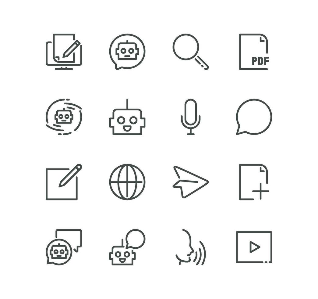 Set of ai chat bot related icons, feedback, send, upload, message, communication and linear variety vectors. vector