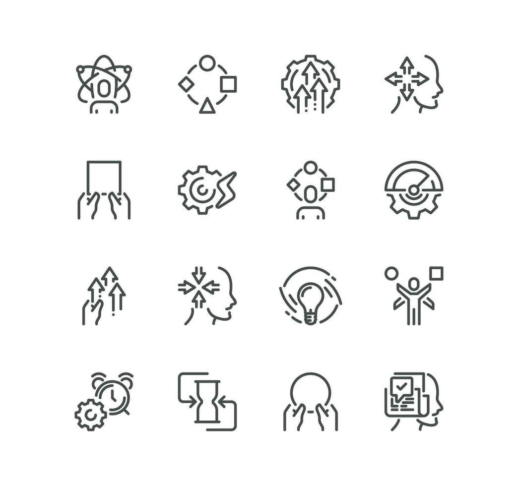 Set of efficiency and performance related icons, productive, multitasking, result, concentration, operation, strategy and linear variety vectors. vector