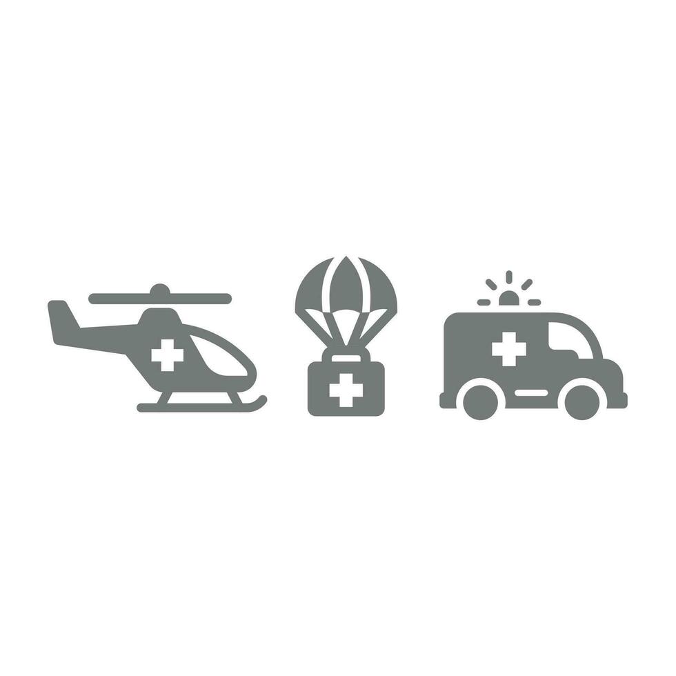 Medical aid, helicopter and parachute vector icons. Medicines delivery, first aid ambulance icon set.